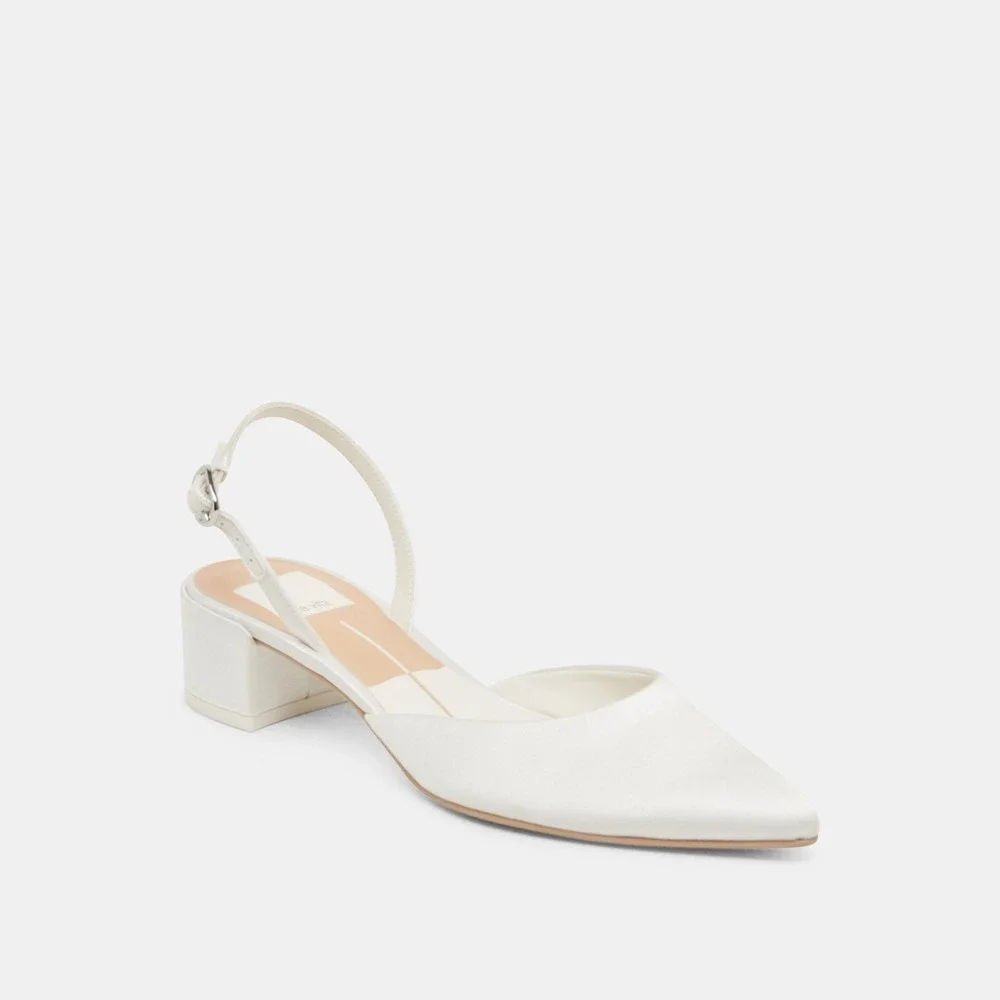 Dolce Vita Carel Pointed Toe Low Block Heel Pumps True White Satin Sz 7